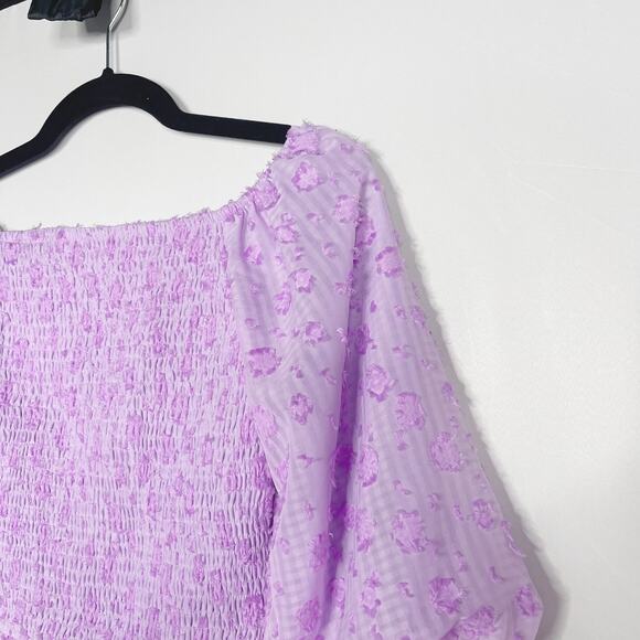 TCEC Purple Small Gingham Cropped Smocked Off The Shoulder Top Blouse 3/4 Sleeve - Picture 3 of 11